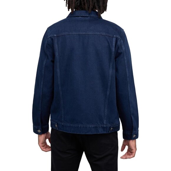 Mens Navy Denim Jacket Washed Ripped Distressed Stretch Casual Trucker - Picture 2 of 9